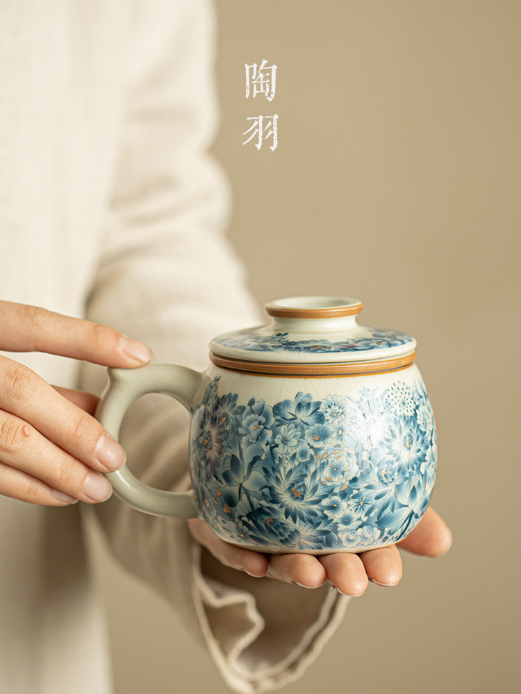 汝窑金万花陶瓷过滤泡茶杯马克杯茶水分离茶杯办公杯带盖个人专用,餐饮具,茶杯,淘宝优惠券,粉丝福利购,淘宝优惠卷