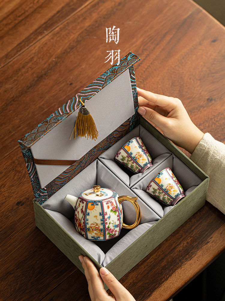 八方聚财壶陶瓷珐琅彩泡茶壶一壶两杯家用手把壶功夫茶具礼盒套装,餐饮具,功夫茶具,淘宝优惠券,粉丝福利购,淘宝优惠卷