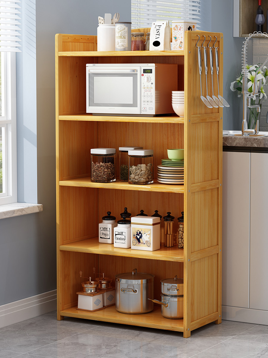 厨房收纳置物架电饭锅微波炉烤箱一体家用落地式多层分层实木架子