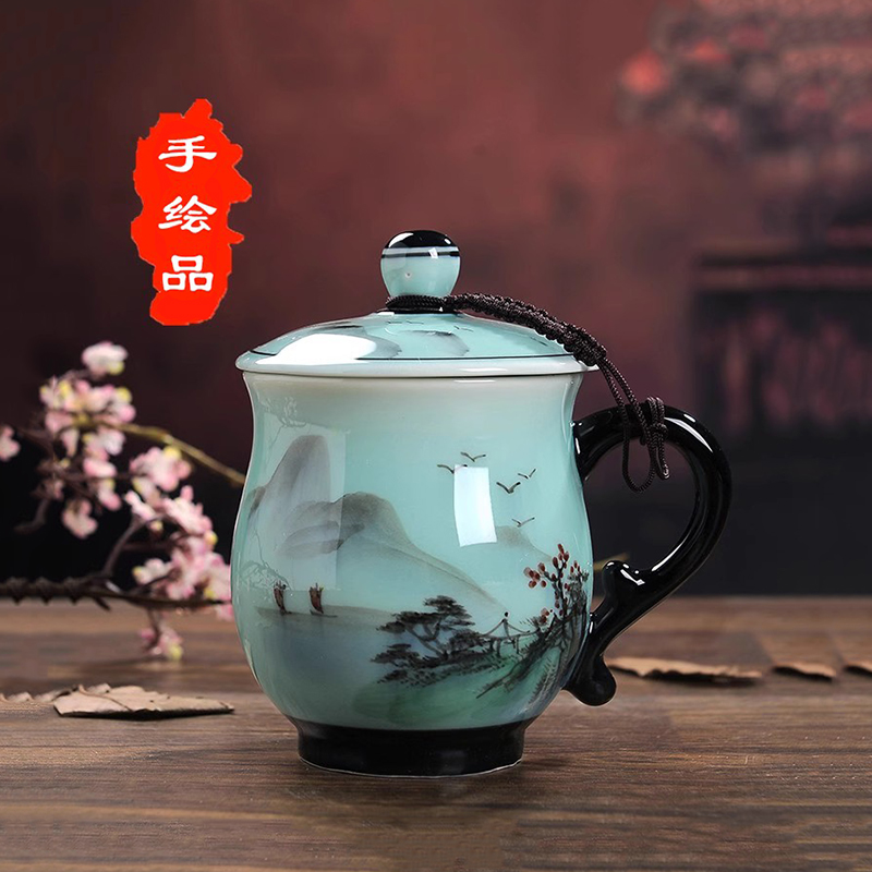 景德镇陶瓷杯带盖手绘茶杯套装家用办公会议杯个人水杯子礼品定制