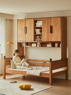 金多喜实木儿童床衣柜一体中古风小户型单人床新中式功能组合单床