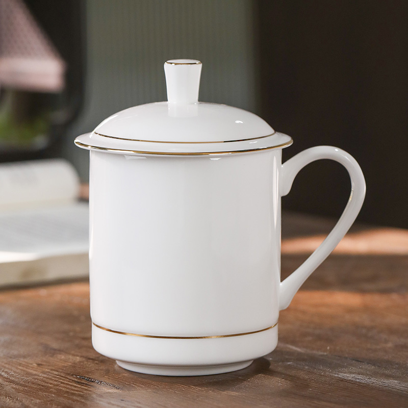 景德镇茶杯陶瓷带盖办公会议杯家用水杯金边骨瓷杯子定制LOGO刻字
