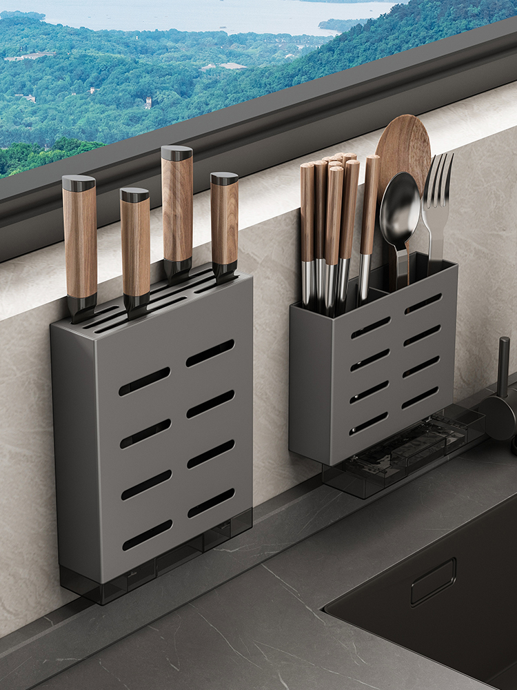 不锈钢刀架壁挂式厨房置物架一体放菜刀架沥水筷子筒刀具收纳架子