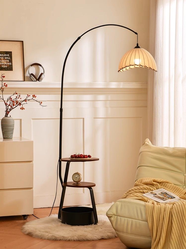 钓鱼灯落地灯客厅沙发置物茶几一体卧室中古高级侘寂复古落地台灯