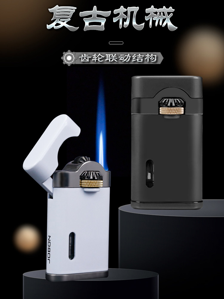 中邦个性创意金属充气直冲蓝焰齿轮联动打火机可视气仓雪茄点烟器