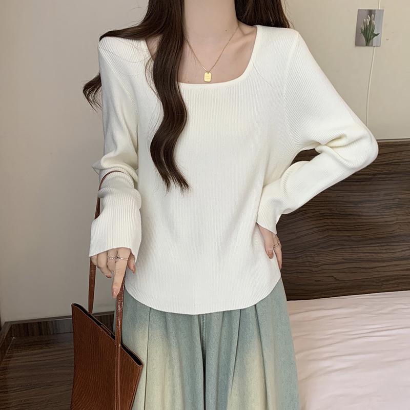 大码方领长袖针织衫女装秋冬内搭打底衫正肩t恤胖mm遮肉显瘦0928e