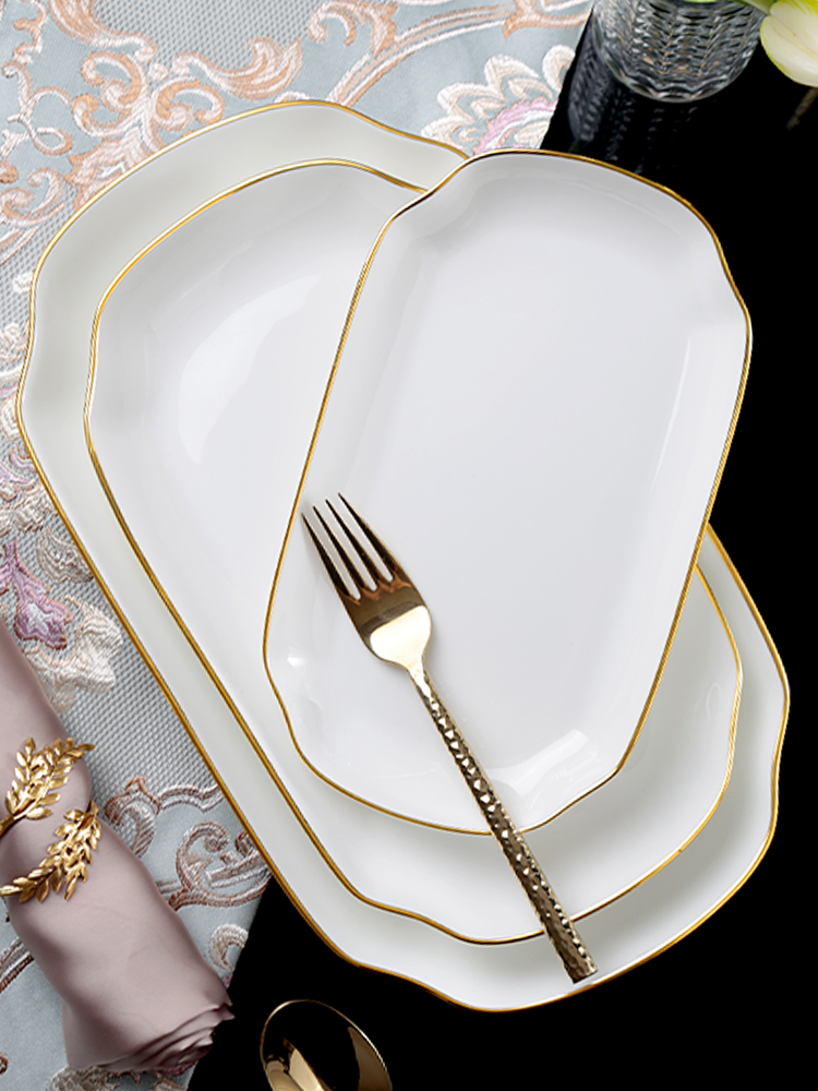 金边12英寸深盘子凉菜盘子长方形蒸鱼盘子家用骨瓷深鱼盘长碟白色