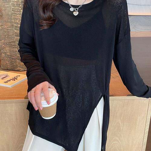 胖斤大尺码冰丝防晒T恤女夏薄款宽松不规则开叉长袖0809e