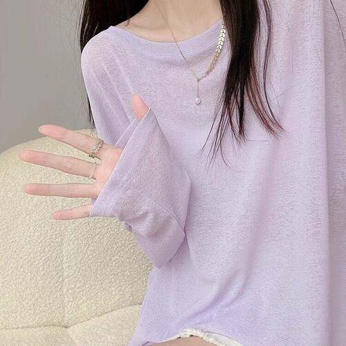 紫色T恤长袖防晒罩衫女夏季冰丝宽松薄款胖大尺码斤0809e