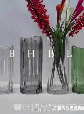 新款北欧轻奢竖纹描金玻璃花瓶创意简约客厅大号水养插花透明花器