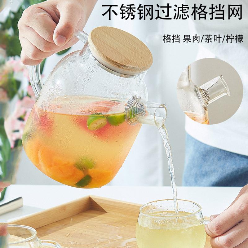 高硼硅玻璃竹盖冷水壶家用果汁泡茶壶大容量凉水壶家用玻璃壶