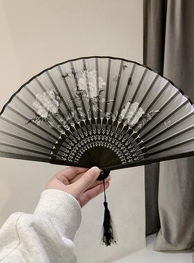 可折叠扇子古风男童便携中国风女款汉服舞蹈马面裙新中式古装黑色