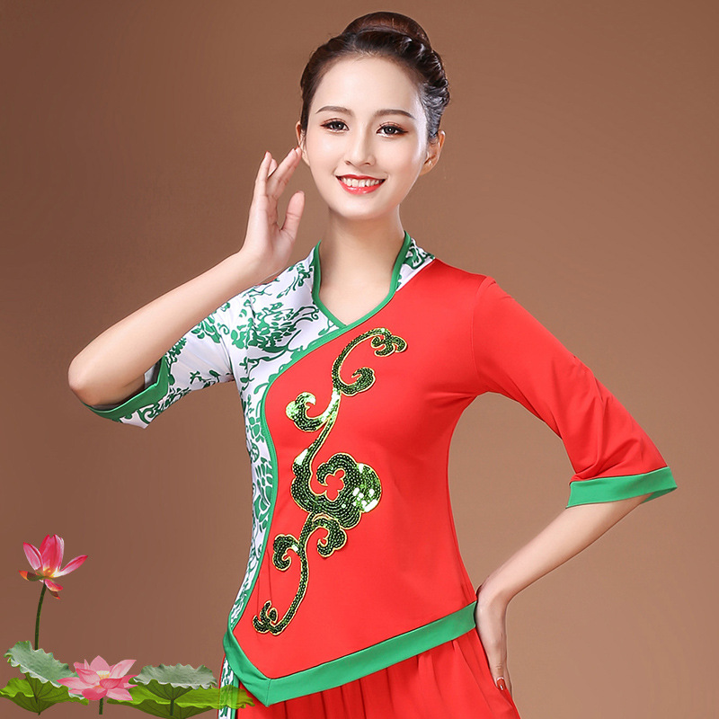 云裳广场舞服装新款套装女春夏秧歌舞蹈表演出扇子印花青花瓷民族