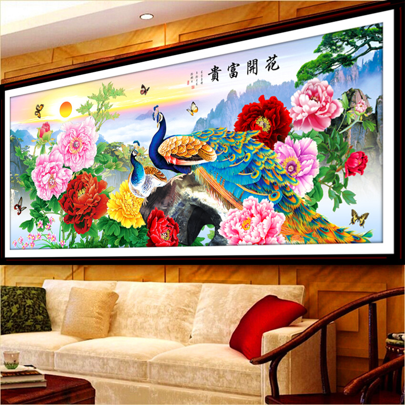 5d花开富贵钻石画2025新款孔雀开屏牡丹粘砖十字绣客厅大号贴钻画