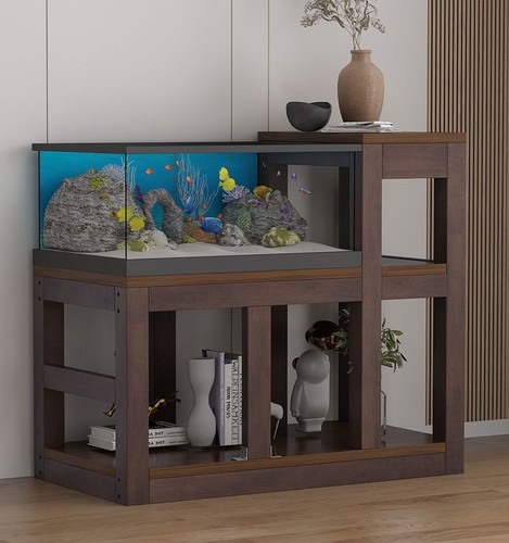 简约胡桃色高低鱼缸架子实木中型多层置物架落地鱼缸底柜底座定制