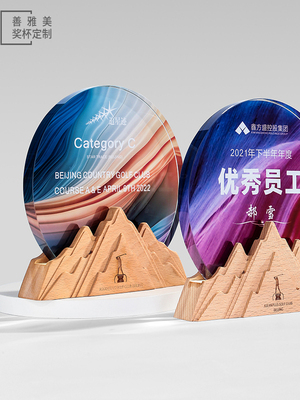 创意奖杯木质底座水晶奖牌山峰造型实木底座年会订制优秀员工创意