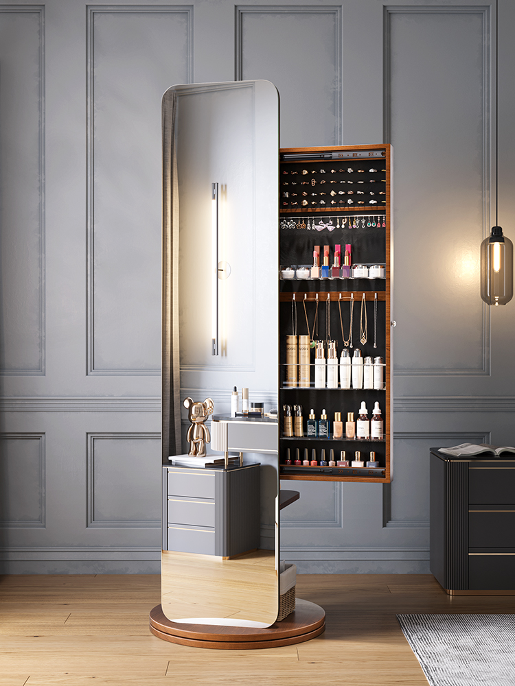 扬远实木穿衣镜试衣镜子全身镜落地镜带化妆柜挂衣架一体收纳旋转