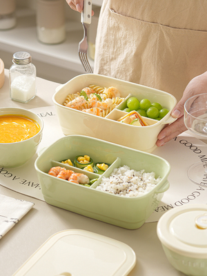 陶瓷分格饭盒学生保鲜碗带盖上班族分隔饭盒微波炉加热便携便当盒