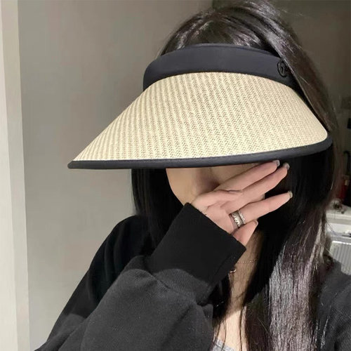 夏季自留黑胶草编空顶防晒帽女户外遮阳帽发箍遮阳帽0619d