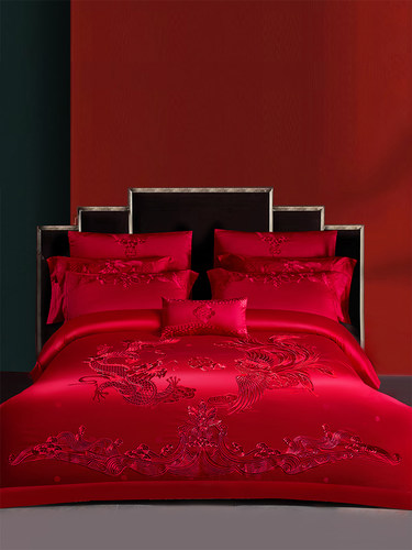 140支全棉结婚四件套床上用品大红色龙凤刺绣高档婚庆十件套喜被