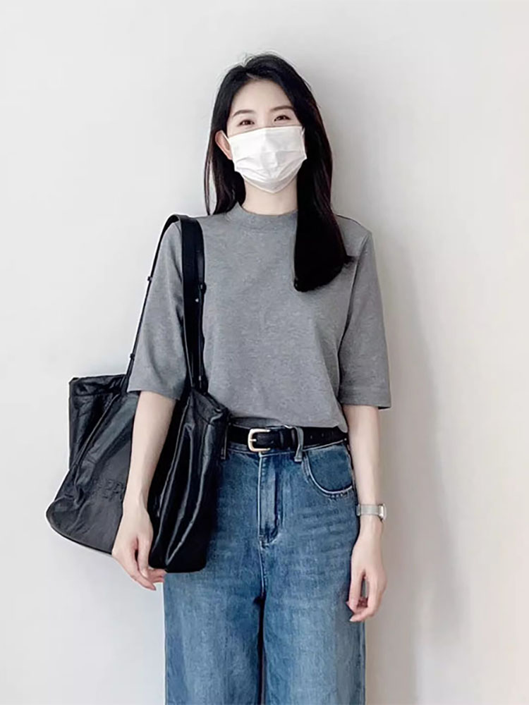中年妈妈设计感半高领中袖T恤短袖女宽松大码休闲简约打底上衣