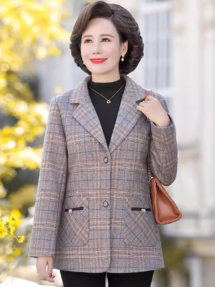 中年妈妈翻领西装外套女士春季薄款2026新款宽松大码洋气格子西服