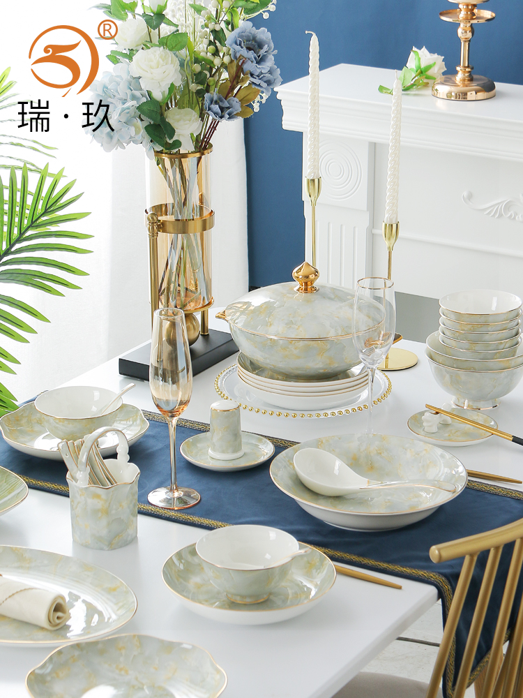 家用碗盘自由搭配唐山骨瓷餐具盘子菜盘轻奢骨碟鱼盘金边碟子菜碟