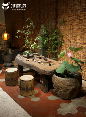 中式庭院循环流水茶桌椅组合户外禅意功夫茶台茶几生态微景观鱼池