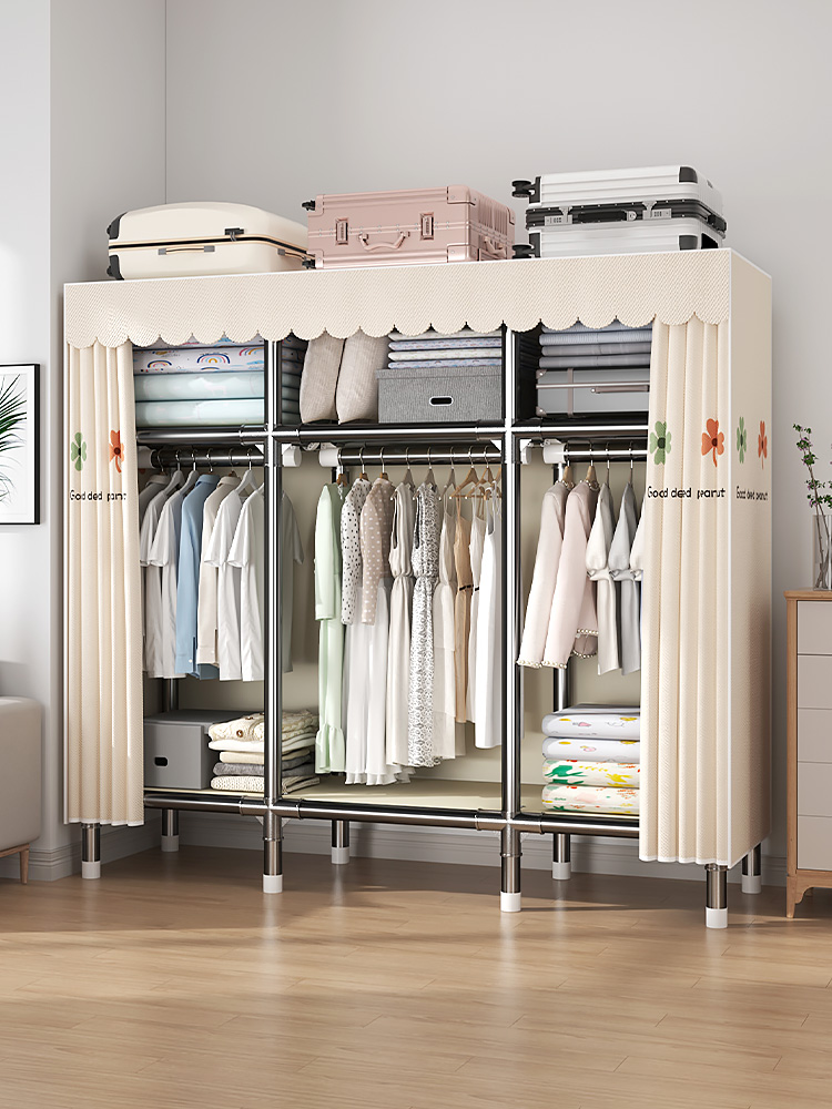 简易布艺衣柜家用卧室钢架结构加粗加厚出租屋结实耐用组装衣橱房