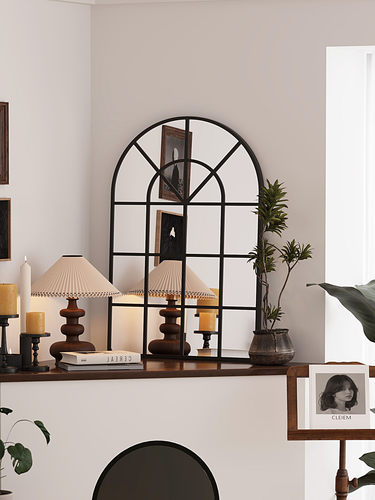 网红复古拱形格子镜壁炉窗户镜子墙面装饰镜家用法式艺术镜定制