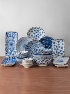 美浓烧日式古染蓝绘碗盘碟餐具套装釉下进口家用米饭碗送礼25件套