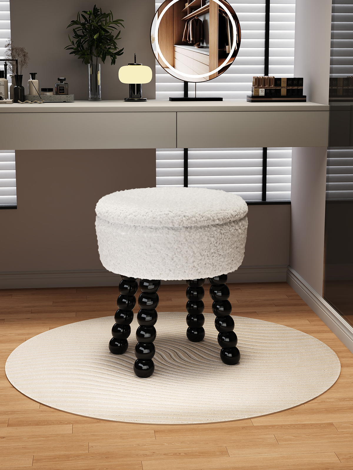 三梦化妆凳女生卧室高级梳妆台椅子家用实木小凳子储物凳结实圆凳