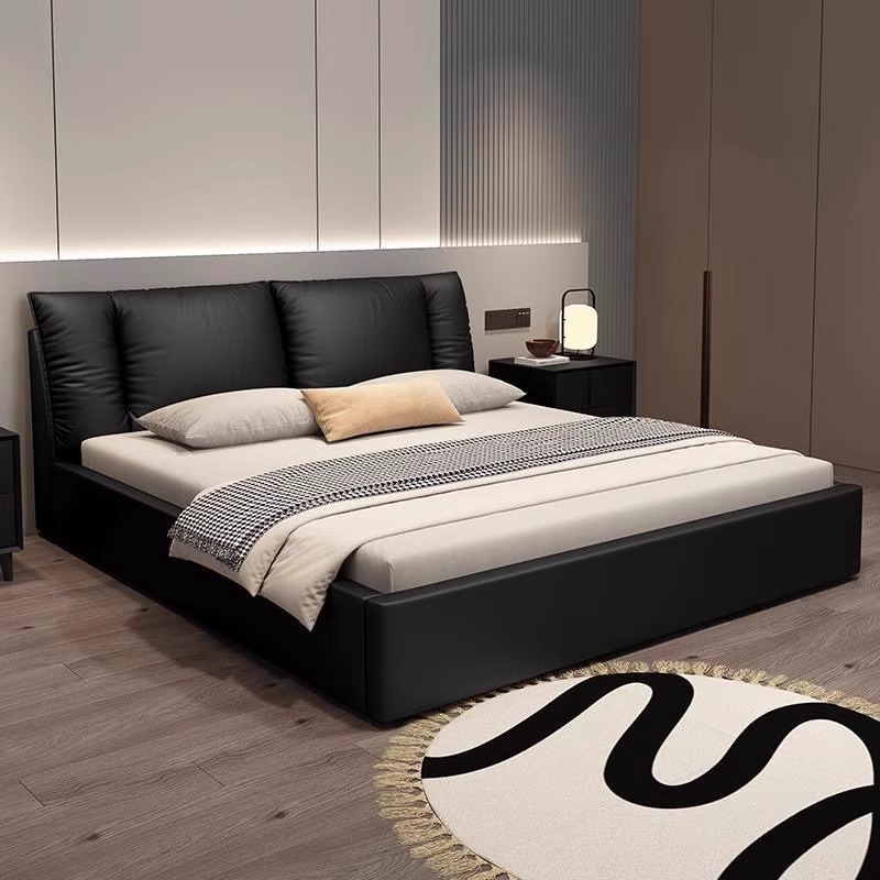 意式极简轻奢黑色真皮床主卧高端大气现代简约储物极简软包双人床