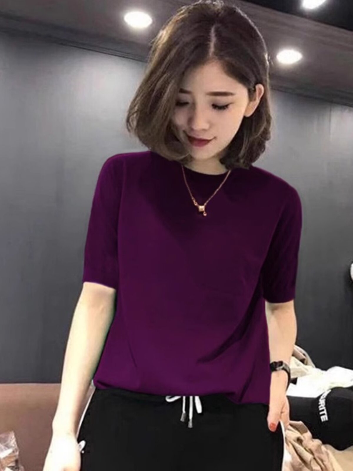 冰丝针织t恤女夏宽松薄款上衣2026新款洋气百搭圆领五分袖打底衫