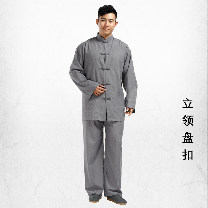 新海青居士服套装四季传统布扣盘扣中式禅修服女款僧服灰色春夏秋