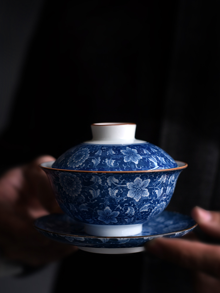 陶迷青花瓷盖碗茶杯大号功夫景德镇茶具套装玉瓷三才杯大茶碗家用