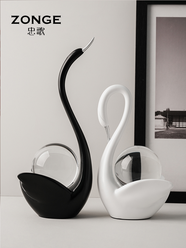 创意黑白水晶球天鹅酒柜装饰品摆件家居饰品客厅玄关乔迁新居礼物