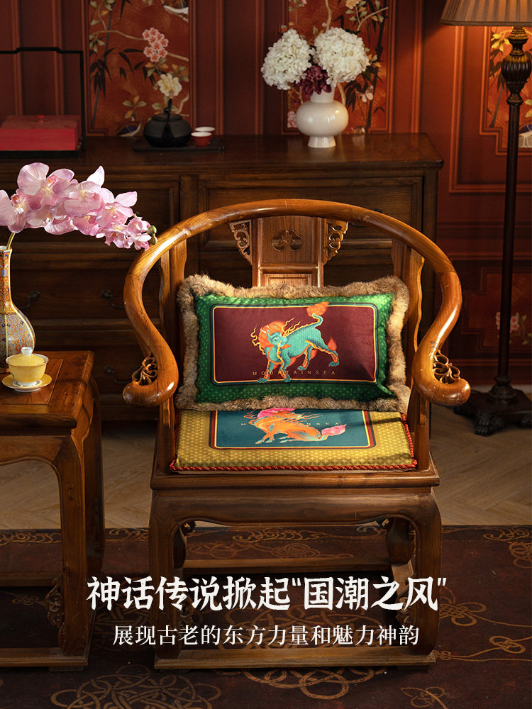 大气新中国风神话兽红木扶手椅座垫太师椅垫民族风格茶椅垫冬季民