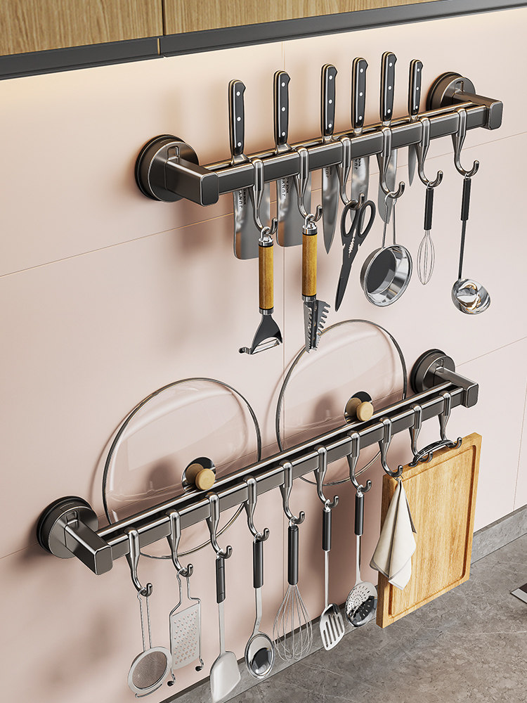 吸盘厨房挂钩免打孔挂杆可移动挂锅铲勺子置物架收纳排钩壁挂架子