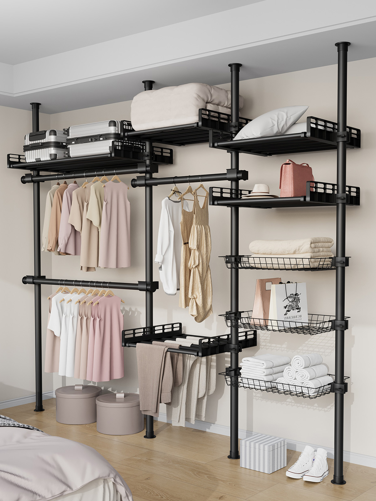 顶天立地置衣架简易衣架家用卧室挂衣落地架伸缩晾衣架开放式衣柜