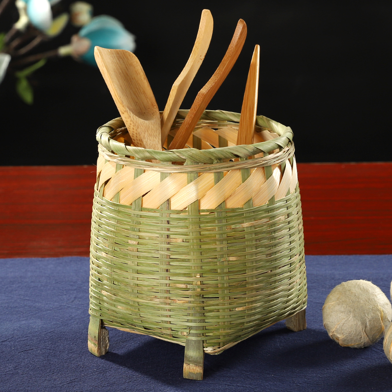 竹编无盖茶叶罐竹青编织盒茶叶桶茶饼收纳盒小茶篓竹篓手工醒茶罐