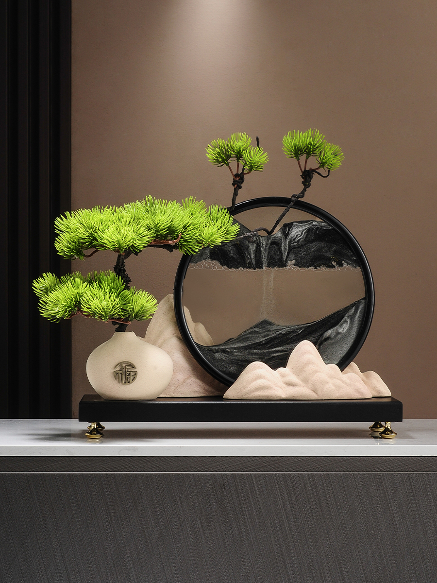 迎客松山水流沙画摆件新中式客厅玄关电视柜办公室创意高档装饰品