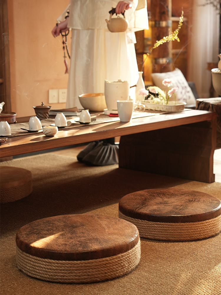 麻绳蒲团坐垫茶艺中式日式圆形坐墩榻榻米地上实木复古禅意坐凳