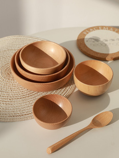 日式木碗家用无漆餐具蔬菜水果盘沙拉碗儿童木碗饭碗户外露营ins