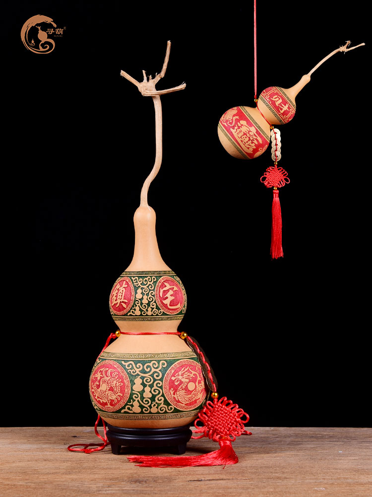 八卦带龙头天然真葫芦摆件雕刻五帝钱客厅大号木葫芦挂件玄关客厅