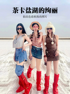 茶卡盐湖鞋套沙漠防沙鸣沙山旅游装备青海湖防水环保高筒红色脚套