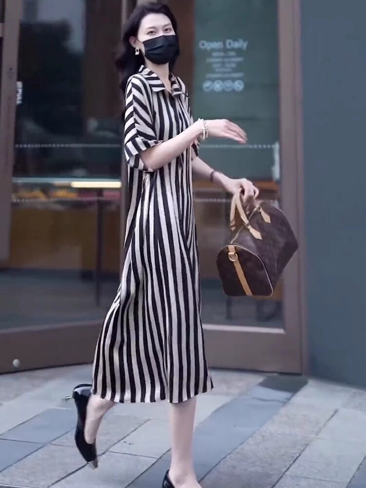 翻领短袖连衣裙女夏季新款时尚条纹印花洋气女士POLO领垂感长裙子