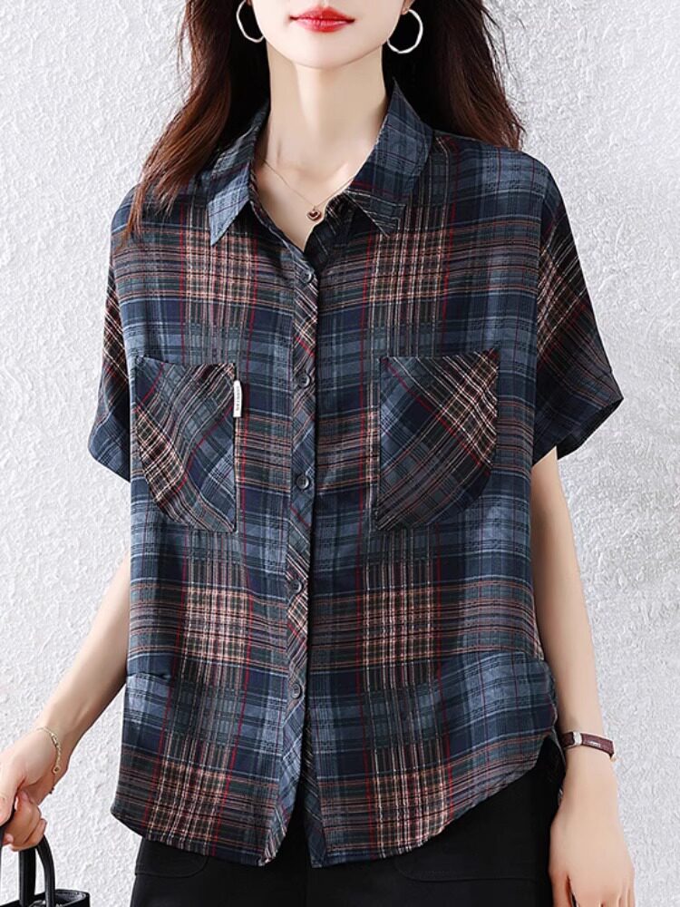 翻领格子短袖衬衫女夏季新款复古休闲洋气大码女士POLO领衬衣上衣