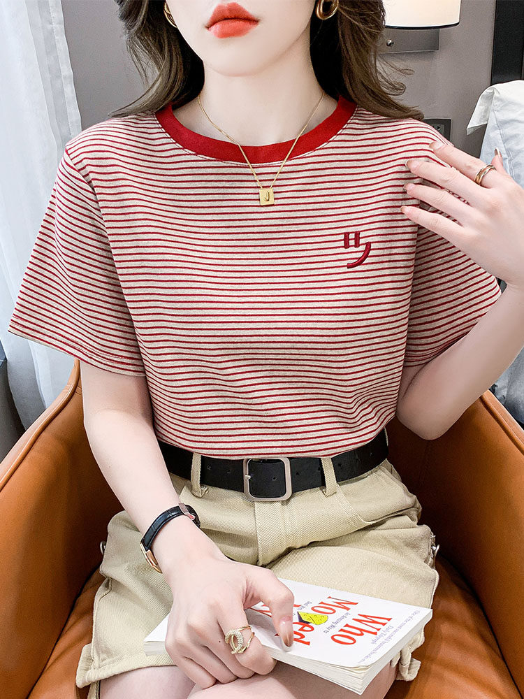 条纹短袖T恤女2026夏季新款时尚洋气圆领女士休闲半袖小衫上衣薄