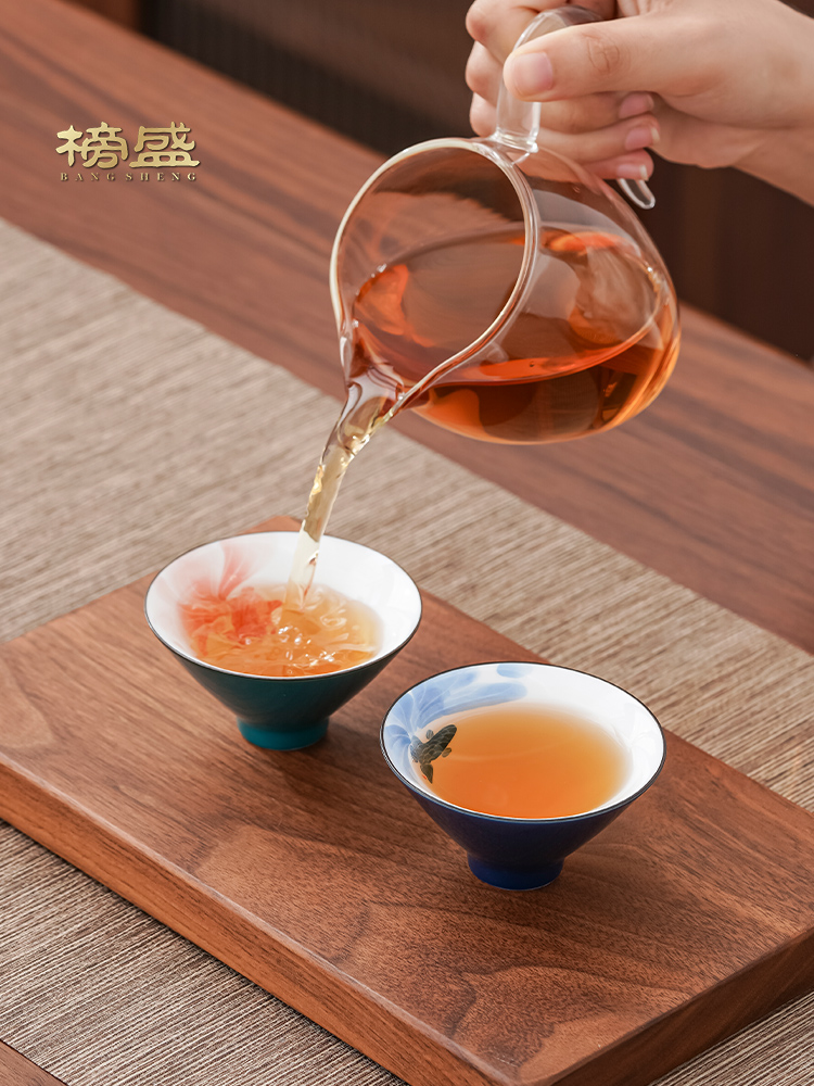 榜盛手绘鱼戏品茗杯主人杯茶具陶瓷单个斗笠杯茶盏家用功夫茶杯